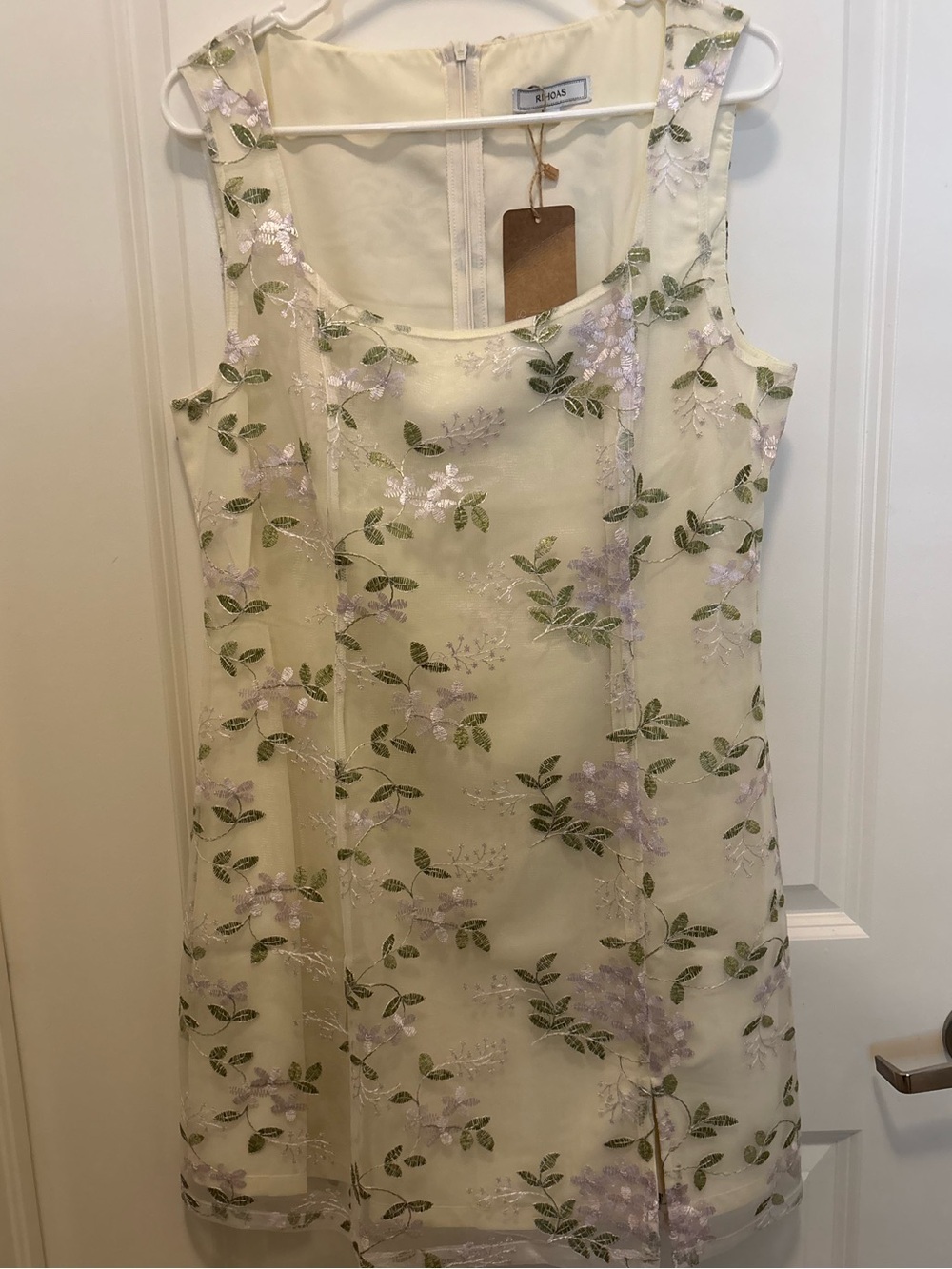 RIHOAS Cream Mini Dress with Lilac Floral Embroidery and Green Leaves
